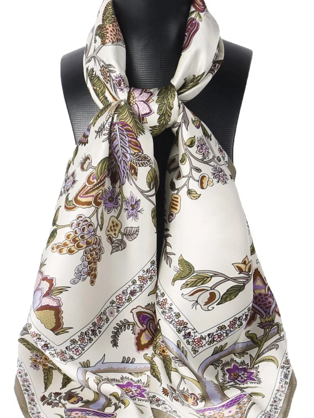 100% Silk Scarves, Extra-Large, Beanstalk, Creme With Taupe Trim